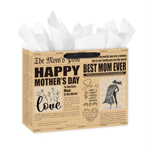 Loveinside 13" Large Mother's Day Gift Bag, Vintage Newspaper Best Mom Ever Design Kraft Gift Bag with Tissue Paper for Mom, Wife, Grandma, Happy Mother's Day Gifts, 13" x 5" x 10", 1 Pcs