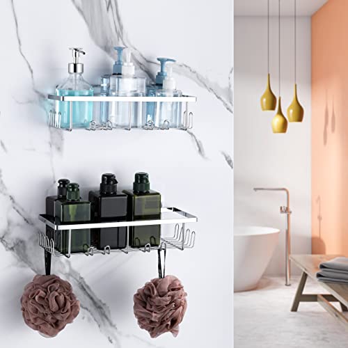 Tetote Adhesive Shower Caddy,2-Pack,Adhesive No Drill Rack Silver Floating Shower Shelf With Hooks,Suction,Stainless Steel,Shower Organizer For Bathroom Camper Rv #TOP1