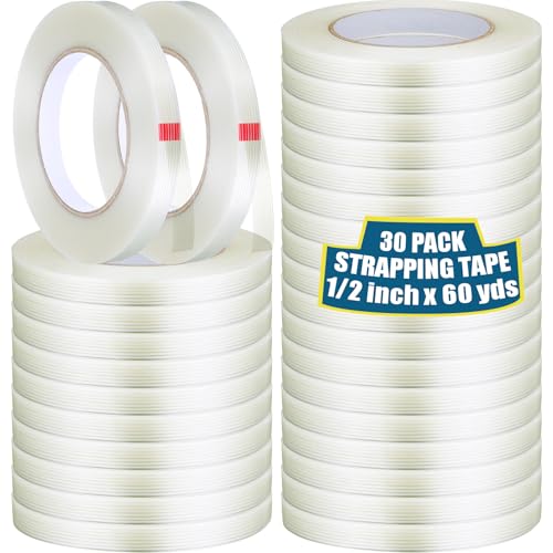 Treela 30 Rolls 1/2 Inch x 60 Yards Filament Strapping Tape 5.5 Mil Transparent Reinforced Fiberglass Heavy Duty Packing Shipping Tape for Sealing Binding Fixing