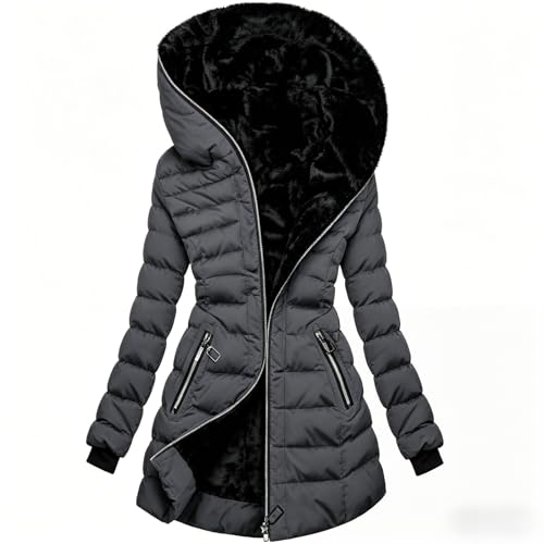 KUNIIS Cappotto Invernale Donna Lunghezza Media Imbottito Foderato Peluche Cappuccio Giacca Slim Fit Parka Trapuntata, S-3XL (Grey,XL)
