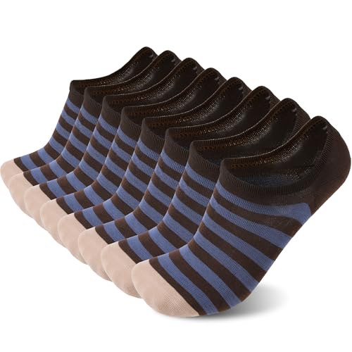 Sunew No Show Socks Womens Men Low Cut Ankle Short Anti-Slid Athletic Running Novelty Casual Invisible Liner Socks Stripe 8 Pairs Medium