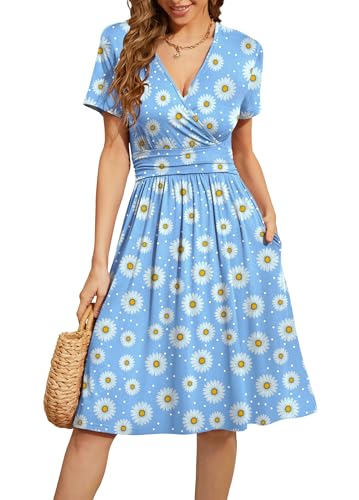 Image of WEACZZY Women's Summer Short Sleeve Casual Dresses V-Neck Floral Party Dress with Pockets