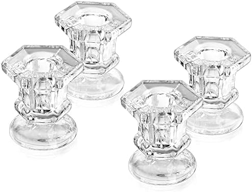 Glasseam Glass Candlestick Holder for Taper: 4pcs Clear Small Short Tapered Candle Holders Bulk for 7/8'' Standard Candle Sticks for Wedding Reception Centerpieces Christmas Table Décor