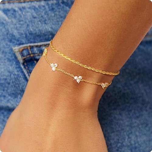 Bracelet for Women - Dainty Stack Bracelets Trendy Adjustable 14K Gold Plated Thin Paperclip Bead Box Satellite Figaro Cuban Link Chain Bracelet Set for Women Waterproof Jewelry Gift