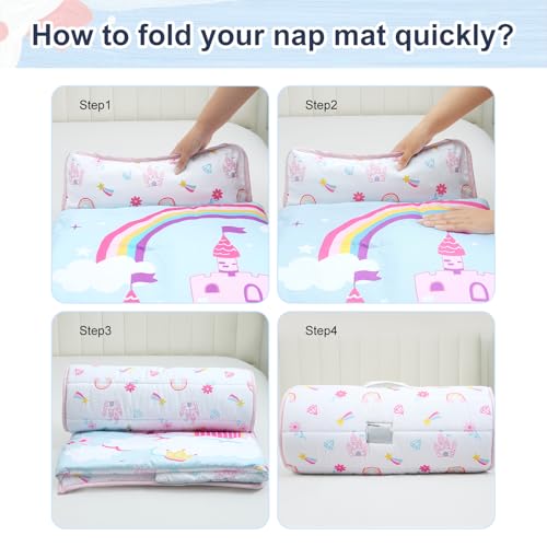 Image of PHF Soft Toddler Nap Mat with Removable Pillow, Rollup Design Kids Sleeping Mat, Slumber Bags for Girls, 50 inchx20 inch Toddler Sleeping Bag for Daycare Preschool Travel Camping, Castle