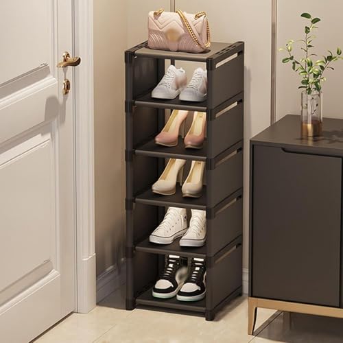 シューズラック スリム 下駄箱 シューズボックス 玄関 省スペース 薄型 収納タワー 大容量 組み立て式 靴置き 狭い 廊下 クローゼット アパート用 靴箱 コンパクト ブラック 7段 玄関収納 小スペース活用 (ブラック,6段)