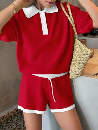 Image of Tankaneo Womens 2 Piece Short Sets Short Sleeve Knit Tops Vacation Outfits | Sweater Fabric, 2026 Summer, Collared, Matching Lounge Set