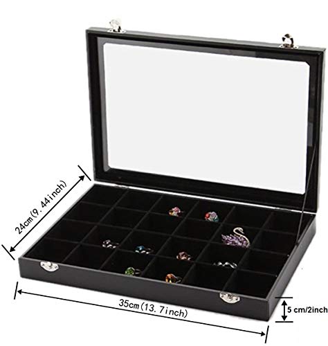 Image of BucketList Women's Velvet Glass Ring Earrings Jewelry Box - Display Storage Showcase Holder Organizer (Big 24 Grid Jewellery Box Black)