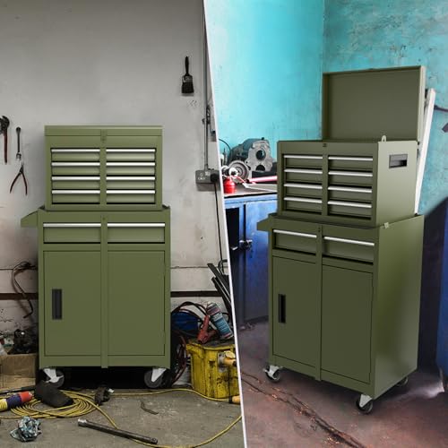 COSTWAY Large Rolling Tool Cabinet, 2 in 1 Detachable Metal Tool Chest with Drawers, Wheels, Handle and Hooks, Lockable Tool Box Trolley for Garage Workshop - Image 8