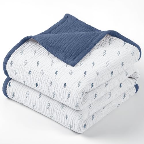 Image of lulumoon Muslin Baby Blanket for Boys: Cotton Toddler Blanket for Daycare | Soft Reversible Crib Bedding for Baby & Infant - Lightweight for Stroller, Car seat & Travel, 47 inchx47 inch(Blue Lighting)