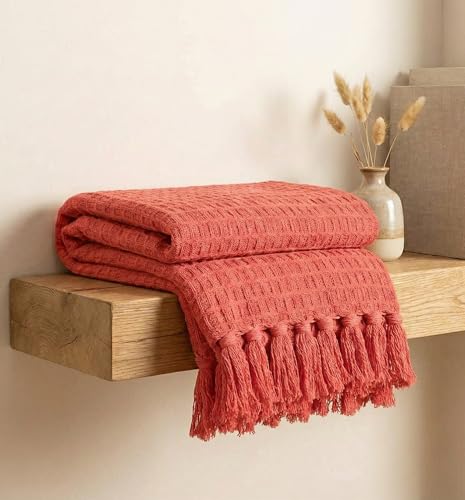 Image of Furnistitchs Bohemian Cotton Sofa Throw Blanket 50x60 inches | Waffle Knit & Chevron Pattern with Fringes | Aesthetic Decorative Couch Throw for Living Room & Bedroom (Coral Peach)