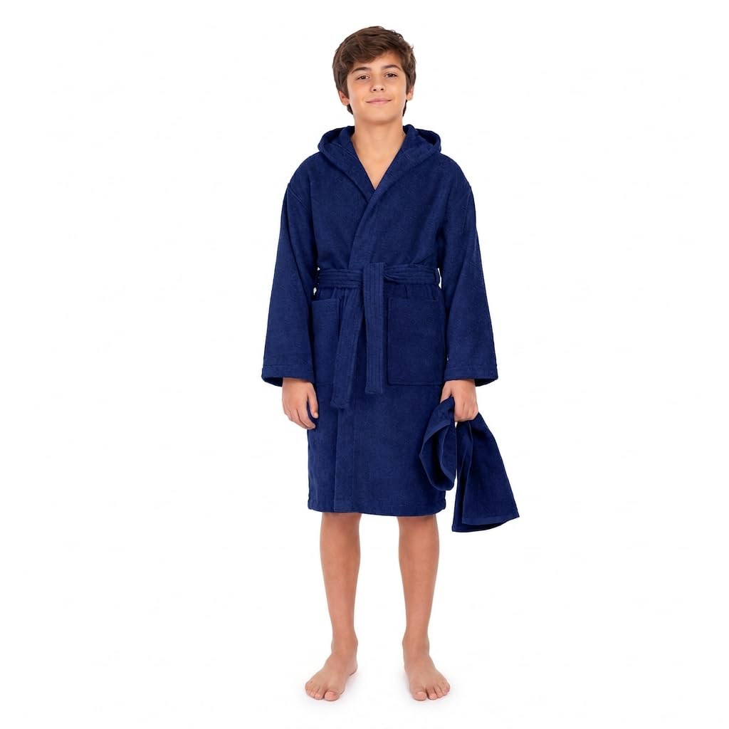 ALLEN &amp; MATE Kids Terry Cloth Bathrobe, Hooded Towel Robe, Ages 6-15 Years