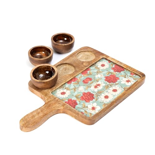 Image of Handcrafted Mango Wood Serving Platter with 3 Dip Bowls | Traditional Jamawar Kashmiri Print | Waterproof, Heat-Resistant, Food-Safe Lacquer Finish | 15.5 x 10 Inch | Made in India (3Katori-AquaRed)