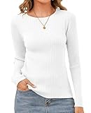 Womens Sweaters Pullover Long Sleeve Crewneck Shirts Ribbed Knit Sweater Slim Fitted Casual Jumper Tops White, Small