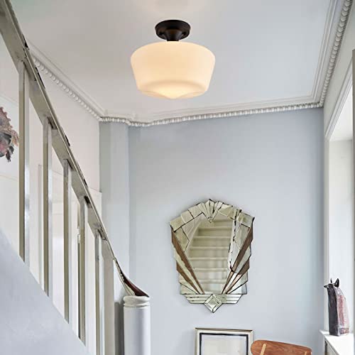 Youngrender Black Schoolhouse Light Fixture, 12" Milk Glass Flush Mount Ceiling Light, Black Semi Flush Mount Ceiling Light For Farmhouse Kitchen Hallway Entryway #TOP6