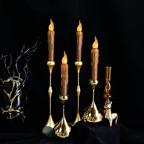Image of Decor Real Wax LED Flameless Fall Short Taper Candles with Remote, 6.7 Inches Brown Candlesticks, Dripless Battery Operated Flame Rustic Primitive Flameless Lights Decor, Pack of 4