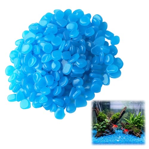 Glow in The Dark Pebbles 300 PCS, Blue Decorative Coloured Pebbles, Solar Powered Rocks, Mini Luminous Stones Eco-Friendly for Gardens Paths Walkway Fish Tank Aquarium Decor for Outdoor Indoor