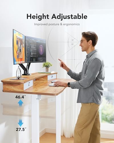 HUANUO 55″ x 26″ Electric Standing Desk with 2 Drawers, C-Clamp Mount Compatible, Height Adjustable Computer Desk, Home Office Stand Up Desk with 4 Preset Heights & 2 Hooks, Light Vintage