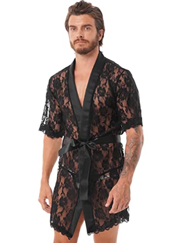 Agoky Men's Sheer Mesh Lace Sissy Sleepwear Bodycon Shawl Kimono Bathrobe Nightdress Black Xx-Large #TOP1