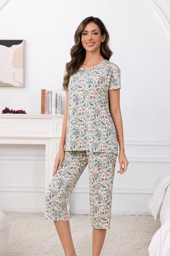 Image of PNAEONG Women Pajama Set Sleepwear Tops with Capri Pants Casual and Fun Prints Pajama Sets