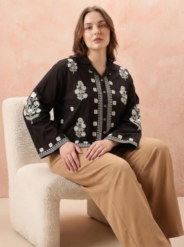Image of Bee M Pee Designer Women's Embroidered Korean Crop Shirt | Full Bell Sleeves Western Tops for Woman Stylish | Oversized Formal /Casual /Office Wear Cotton Shirts Top for Women