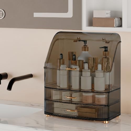 Image of Makeup Organizer Countertop Vanity with Transparent Lid Drawers Waterproof Dustproof Cosmetic Skincare Bathroom Storage Gift for Women Teens Girls (Clear Black)