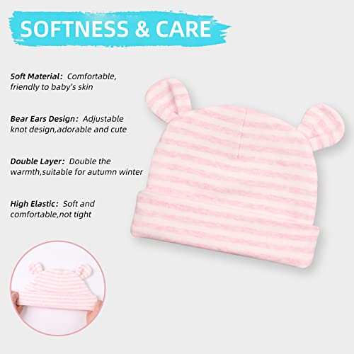Image of Original Cotton Newborn Hats for Girls Striped Preemie Baby Hats Bear Ears Infant Boys Beanies 0-6 Months