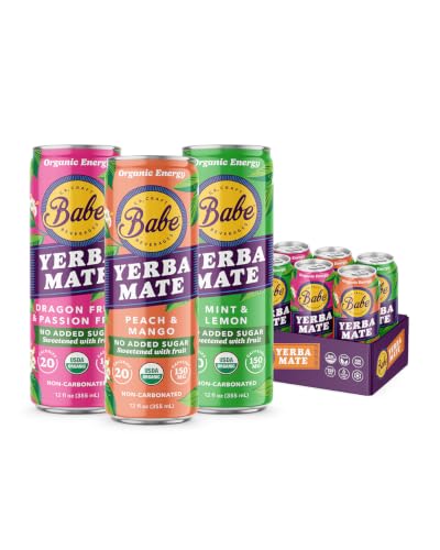 Babe Organic Yerba Mate Energy Drinks | NO ADDED SUGAR | 150mg Plant-Based Caffeine | Natural Yerba Mate Tea with No Crash, No Jitters - Sample Pack NO ADDED SUGAR (6 x 12oz cans)