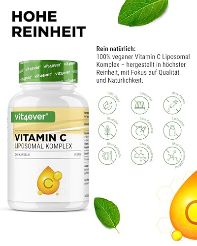 vit4ever Liposomales Vitamin C - 240 vegane Kapseln - Premium: Hochdosiert mit 1000mg reinem Vitamin C pro Tag - Besonders hohe Bioverfügbarkeit