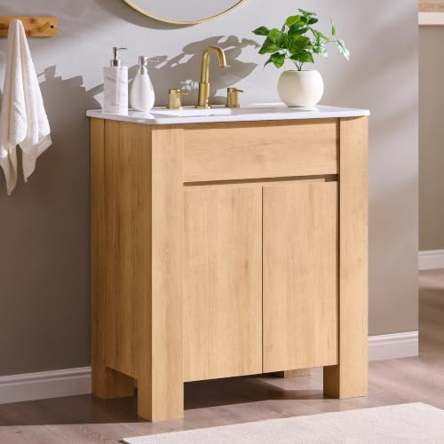T4TREAM 30 Inch Bathroom Vanity with Sink, Modern Single Sink Bathroom Vanity, Small Bathroom Cabinet with Handle-Free Design, Natural Oak