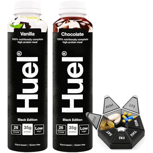 Huel Ready-to Drink Black Edition Chocolate & Vanilla Bundle - Meal Replacement Shake, Gluten Free, Ready Meal, Zero Artificial Sweeteners, Dairy Free, 35g of Protein (2x500ml) + Bear & Koala Pill Box