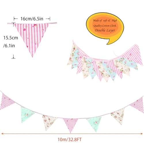 Image of Zwiebeco 32Ft Pink Blue Floral Fabric Pennant Banner Bunting Cotton Flower Triangle Flag Decoration for Birthday Wedding Engagement Bridal Baby Shower Tea Party Spring Rustic Village Home Garden Decor