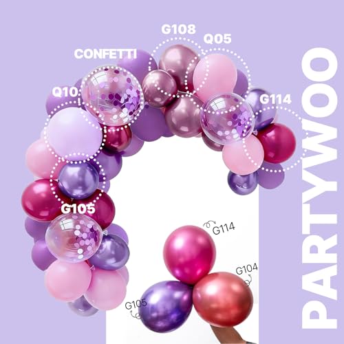 Image of PartyWoo Pink and Purple Balloon Arch Kit Garland 140pcs Different Sizes of 18 12 10 5 Inch Metallic Baby Pink Hot Pink Chrome Light Purple Gold Confetti Balloons Birthday Party Decorations