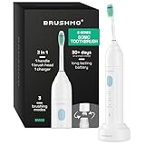 Brushmo e-Series Electric Sonic Toothbrush - Rechargeable Screw-On Electronic Tooth Brush for Adults with 3 Modes & Timer - IPX7 Waterproof, Long-Lasting Battery & Wireless Charging Base - White