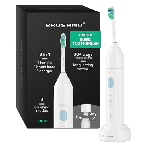 Brushmo e-Series Electric Sonic Toothbrush - Rechargeable Screw-On Electronic Tooth Brush for Adults with 3 Modes & Timer - IPX7 Waterproof, Long-Lasting Battery & Wireless Charging Base - White