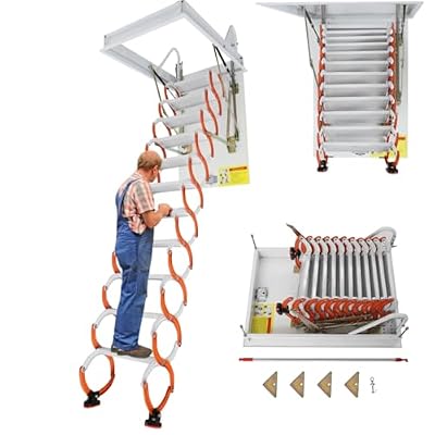 11 Steps Attic Ladder Pull Down System Pull Down Attic Stairs Hidden Ceiling Mount Folding Attic Ladder Retractable Ladder for Loft, 39.37 x 27.55 inch, 9.18ft Vertical Height (Orange+White)