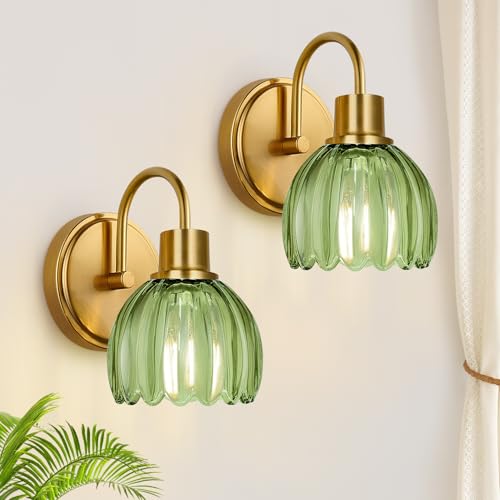 Image of 2-Pack Brushed Gold Bathroom Vanity Light, Single-Head Wall Sconce with Ribbed Green Tulip Glass Shade, Vintage Bathroom Light Fixtures for Bedroom, Hallway & Bedside (Bulbs Not Included)