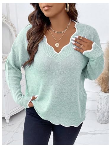 Image of MakeMeChic Women's Plus Size Long Sleeve Sweaters Scalloped V Neck Knit Cozy Sweater Pullover Blue 2XL
