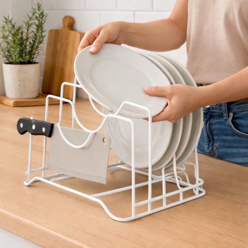 Image of Dish Rack Organizer for Kitchen - 4-Compartment Countertop Dish Drying Rack, Space-Saving Black Iron Dish Drainer Rack, Compact L-9 x W-7 x H-8.5 Inches