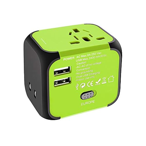 Adattatore di viaggio universale, adattatore di alimentazione internazionale all-in-one con 4 USB, caricabatterie da viaggio adattatore per adattatore europeo ( Color : Green , Dimensione : 2USB )