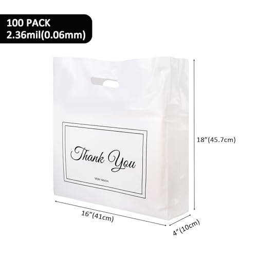 Belinlen 100Pcs 16x18 Inch Thank You Bags for Small Business Plastic Retail Shopping Bags for Stores, Boutique, Party, Gift, Clothes, and More Reusable Plastic Thank You Bags (White, 2.36mil Thickness) - Thumbnail 2