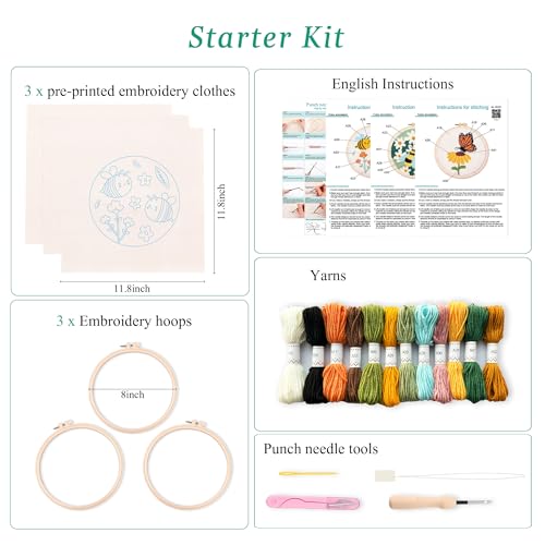 Image of 3Sets Punch Needle Kit for Adults Beginners,Bee & Butterfly Flowers Embroidery Kit,Includes Punch Needle Tool, Embroidery Hoop, Yarn,Fabric,Supplies, DIY Art & Crafts for Women & Girls