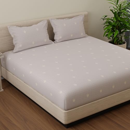 Image of Huesland by Ahmedabad Cotton 144 TC Cotton Elastic Fitted Bedsheet for Double Bed with 2 Pillow Covers | 60 x 78 inches