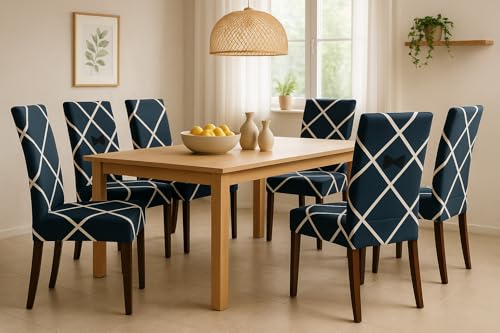 Image of Dining Chair Covers Set of 2, Stretchable Removable Washable Anti-Slip Universal Fit Printed Polyester Spandex Slipcovers (Blue Square)