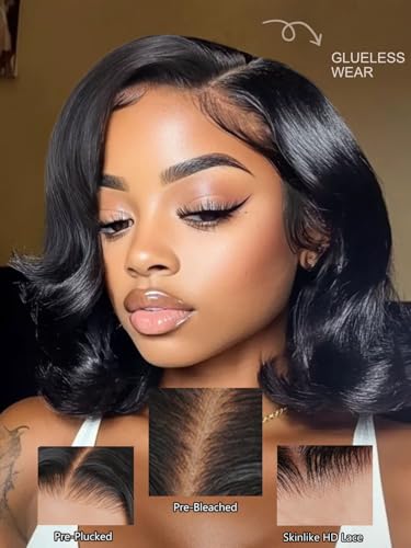 Image of Sunber Layered Bob Drawstring Wig Human Hair with Side Swept Bangs Pre Cut 7x5 HD Lace Front Bye Bye Knots Glueless Wigs Put and Go Human Hair Pre Plucked Bleached Invisible Knots Read to Wear 10Inch