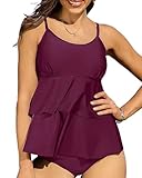 ANFILIA Womens Ruffle Tankini Tops Scoop Neck Flowy Bathing Suits Tops Padded Swimsuits Top Swimwear Top Only, XX-Large