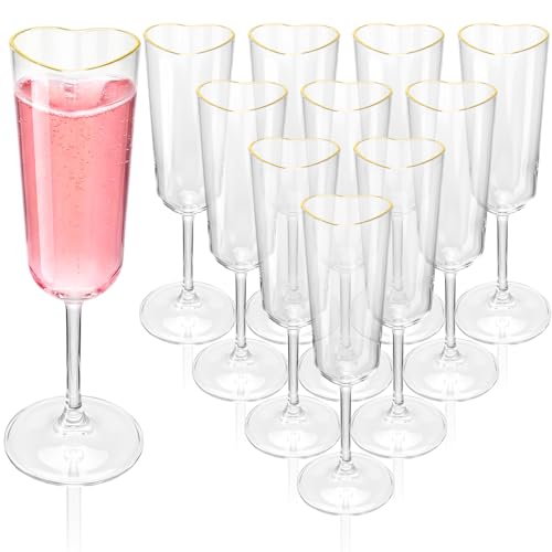 Potchen 12 Pcs Valentine's Day Heart Shape Plastic Champagne Flute Glasses with Gold Rim Gift Set 5 oz Elegant Clear Cocktail Toasting Glasses Wine Cup Bulk for Wedding Bridal Birthdays Party Supplies