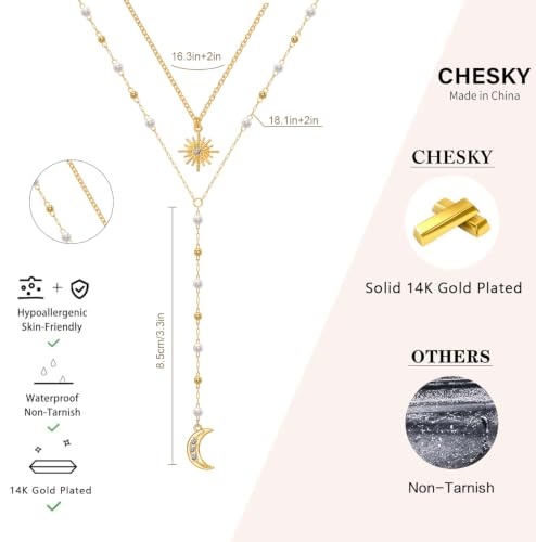 Image of CHESKY Long Necklaces for Women, 14k Gold Plated /Streling Silver Lariat Necklace Dainty Statement Prom Necklace Rosary Cross Sun Drop Pendant Dangle Necklace Gold Prom Jewelry for Women Gifts