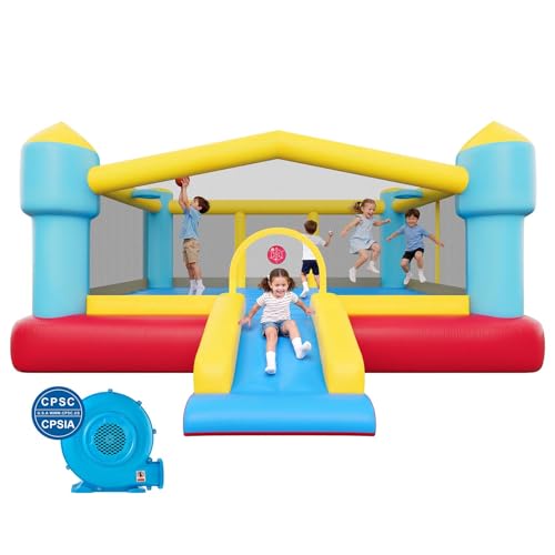 VEVOR Château Gonflable, Aire de Jeux Gonflable Enfant avec Souffleur, Toboggan, Jeu de Cible, Zone de Saut, Panier de Basket, pour 3 à 4 Enfants de 3 à 8...