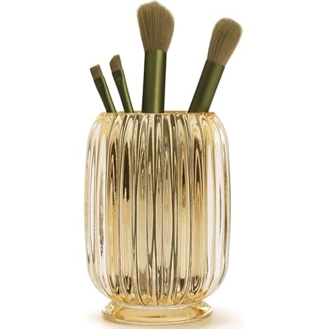 CESTATIVO Makeup Brush Holder Organizer, Glass Cosmetic Makeup Brush Storage, Makeup Brush Cup, Pen Pencil Holder Organizer for Vanity, Bathroom Counter, Dresser Table, Office Desktop, Amber Cover